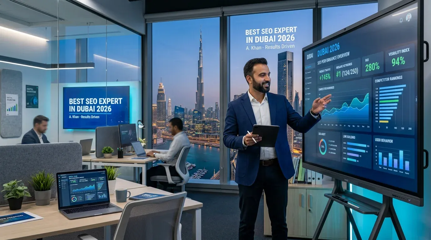 Best SEO expert in Dubai 2026, professional setting with Dubai skyline in background, modern office environment, digital marketing elements, analytics dashboards, futuristic technology