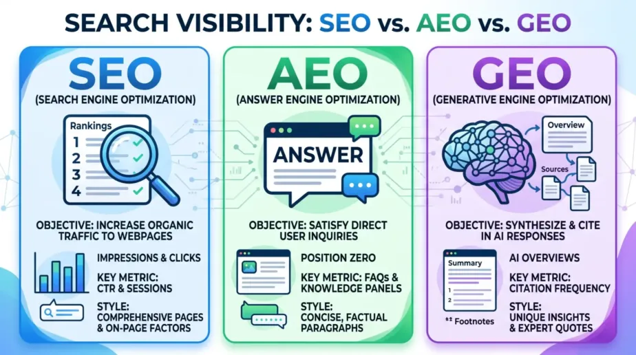 SEO vs. AEO vs. GEO: The Complete Guide to Search Visibility