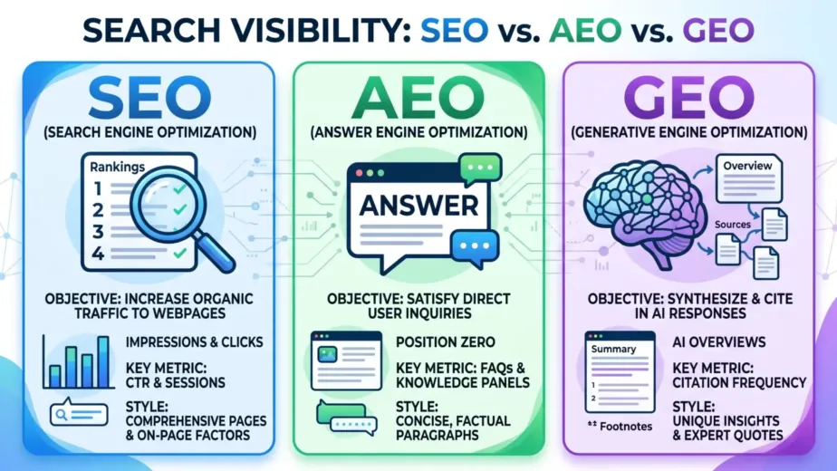 SEO vs. AEO vs. GEO: The Complete Guide to Search Visibility